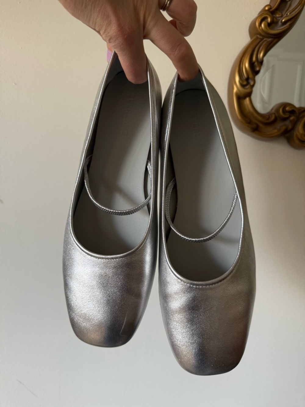 Everlane Metallic Silver Square-Toe Ballet Flats